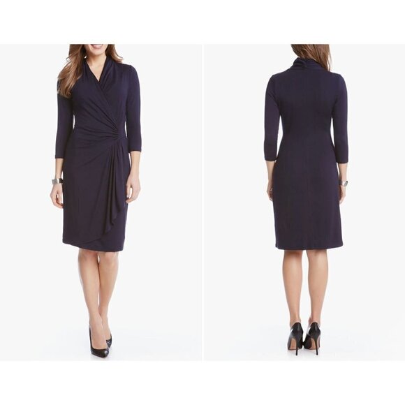 New Karen Kane Size L Cascade Faux Wrap Dress Navy Career, Office, Work *Defect* - Picture 1 of 14